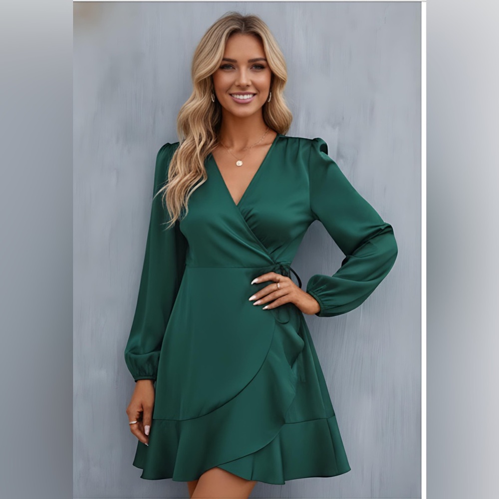 Green Satin Wrap Tie Lantern Sleeve Dress